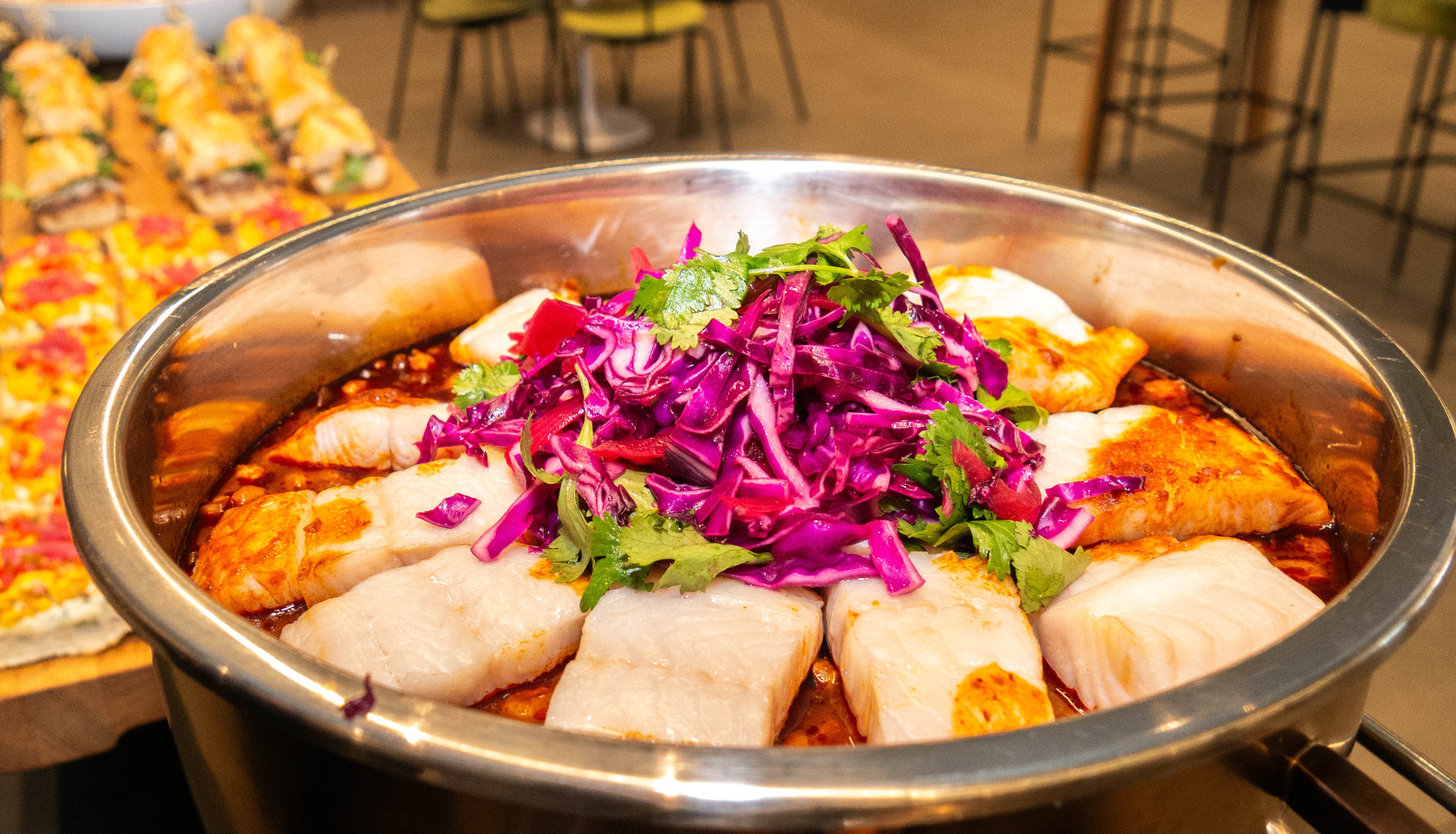 Delicious, spiced cod lunch dish served at EBI SF.